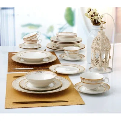 Lorren Home Trends 24 Piece Bone China Dinnerware Set, Service For 4 In Gold