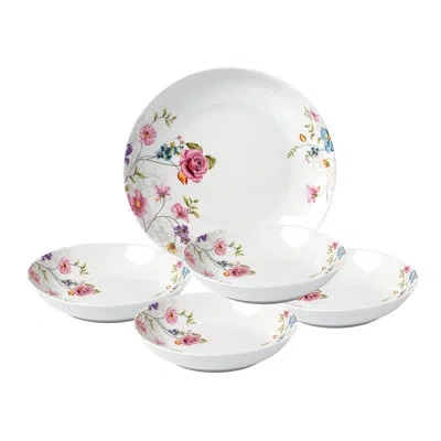 Lorren Home Trends 5 Piece Porcelain Pasta Set, 1 Serving Bowl And 4 Individual Bowls,  Floral Design In Pink