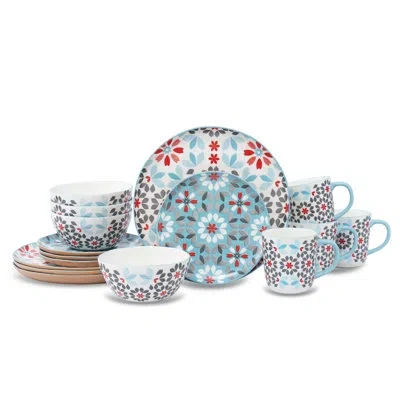 Lorren Home Trends Bone China 16-piece Dinnerware Set, Floral Pattern With, Microwave And Dishwasher Safe, Service For  In Blue,red,white