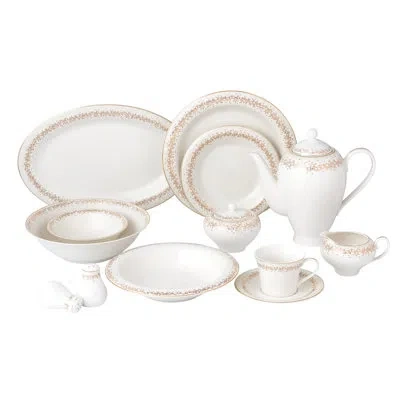 Lorren Home Trends Bone China Dinnerware Set, White With Gold Design Border, Formal Dining Collection, Service For 8, 5