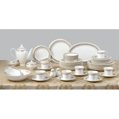Lorren Home Trends Bone China Dinnerware Set, White With Gold Trim Pattern, Service For 8, Complete 57-piece Dining Col
