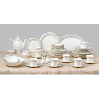 Lorren Home Trends Bone China Dinnerware Set, White With Marble Pattern And Gold Trim, 57 Piece Service For 8, Formal D
