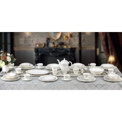 Lorren Home Trends Charlotte 57 Piece Bone China Dinnerware Set, Service For 8 In White;gold