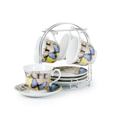 Lorren Home Trends Coffee Cups On Metal Stand Butterfly Set In Blue;beige;yellow