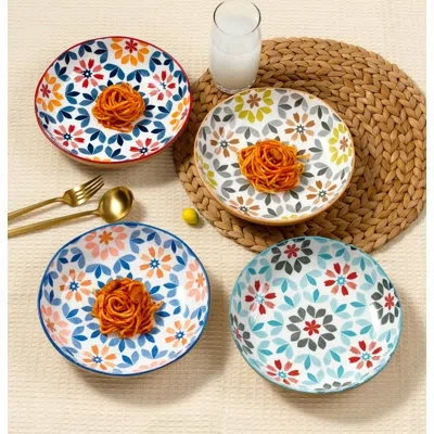 Lorren Home Trends Decorative Bone Pasta Bowls With Floral Pattern, Set Of 4, Multi-color In Blue;red;yellow;orange