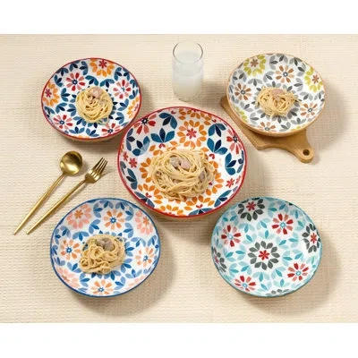 Lorren Home Trends Decorative Bone Porcelain Bowl Set, 5-piece, Floral Pattern, 1 Large 10" Bowl With 4 Small 8.25" Bow In Blue;red;yellow;orange;navy
