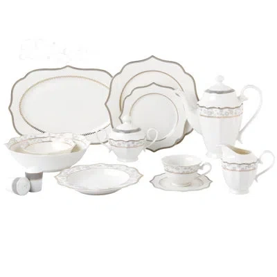 Lorren Home Trends Fiona 57 Piece Bone Chine Dinnerware Set, Service For 8 In White,silver