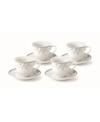 Lorren Home Trends Floral 8 Piece 8oz Tea Or Coffee Cup And Saucer Set, Service For 4 In Silver