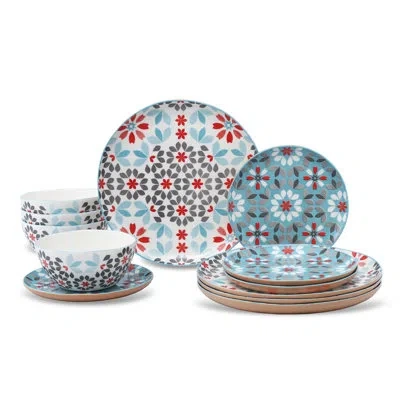 Lorren Home Trends Floral Bone China Dinnerware Set, 12 Piece Service For 4, Gray Pattern, Dishwasher Microwave Safe In Blue,red,white