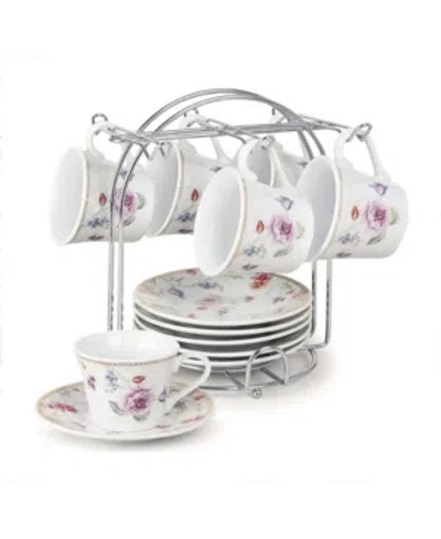 Lorren Home Trends Floral Design 12 Piece 2oz Espresso Cup And Saucer Set, Service For 6 In Purple