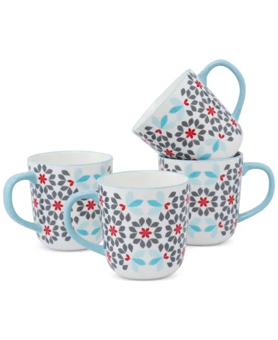 Lorren Home Trends Geo Floral Mugs, Set Of 4 In Blue