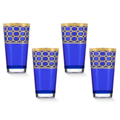 Lorren Home Trends Gold Embellished High Ball With Gold Rings, Set Of 4 In Blue