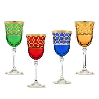 Lorren Home Trends Gold Embellished White Wine Goblet With Gold Rings, Set Of 4 In Green,blue,red