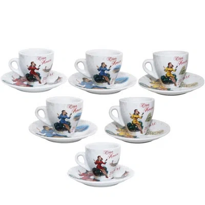 Lorren Home Trends Lorren Home Porcelain Espresso Cups And Saucers, Vespa Scene Design, 3 Oz, Set Of 6 In Cream