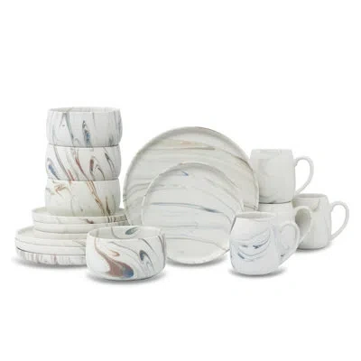 Lorren Home Trends Marble Pattern Dinnerware Set, 16 Piece Ceramic Dishes And Mugs, Modern Swirl Design, Beige And In Tan,blue