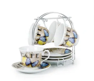 Lorren Home Trends Set Of 4 Coffee Cups On Metal Stand In Butterfly