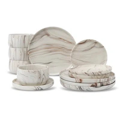 Lorren Home Trends Shiny Marble Pattern Dinnerware Set, 12 Piece Service For 4, Microwave And Dishwasher Safe In Brown,tan