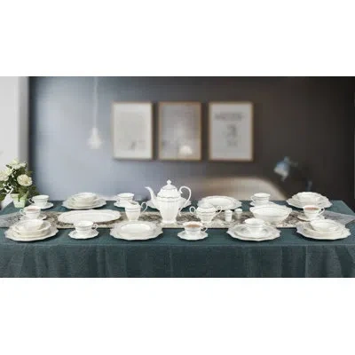 Lorren Home Trends Wavy Mix And Match 57 Piece New Bone China Dinnerware Set, Service For 8 In White,silver