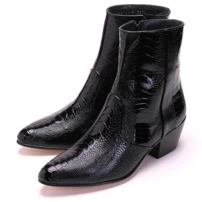 Pre-owned Los Altos Boots Los Altos Black Genuine Ostrich Leg Ankle Boot Medium Round Toe Side Zipper D