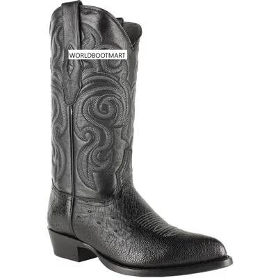Pre-owned Los Altos Boots Los Altos Black Genuine Smooth Ostrich Western Cowboy Boot J-toe (ee+) 999705
