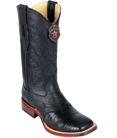 Pre-owned Los Altos Boots Los Altos Black Teju Lizard Square Toe Tpu Rubber Sole Western Cowboy Boot Ee