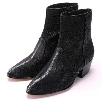 Pre-owned Los Altos Boots Los Altos Full Genuine Stingray Rowstone Dress Ankle Boots Side Zipper D In Black