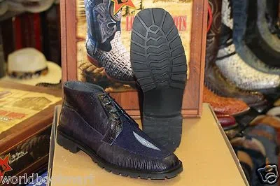 Pre-owned Los Altos Boots Los Altos Genuine Lizard Stingray Navy Blue Men Ankle Boot (ee+) Width Za2068205