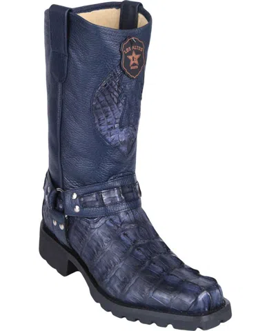 Pre-owned Los Altos Boots Los Altos Genuine Navy Crocodile Caiman Tail Motorcycle Boots Square Toe Ee In Blue