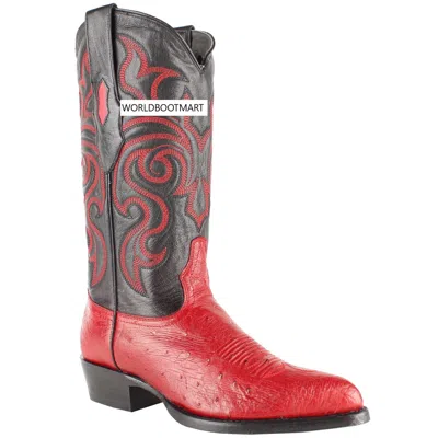 Pre-owned Los Altos Boots Los Altos Red Genuine Smooth Ostrich Western Cowboy Boot J-toe (ee) 999712