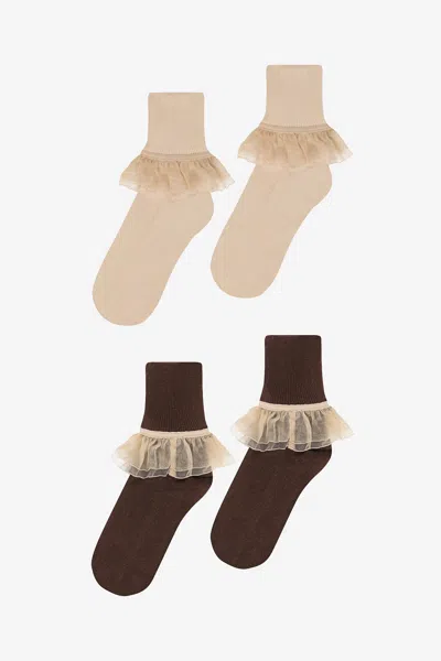 Los Angeles Apparel Aklsock-l2 - 2-pack Girly Lace Ankle Sock In Brown