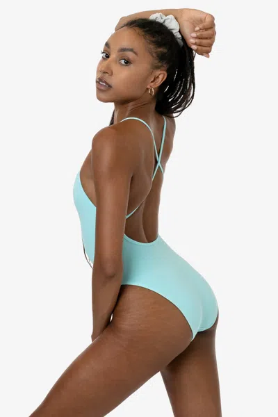 Los Angeles Apparel B308gd - Garment Dye Spaghetti Ruched Front Crossback Bodysuit In Blue
