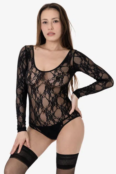 Los Angeles Apparel Fns328 - Floral Lace Long Sleeve Scoopneck Bodysuit In Black
