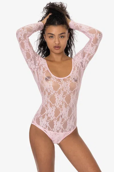 Los Angeles Apparel Fns328 - Floral Lace Long Sleeve Scoopneck Bodysuit In Pink