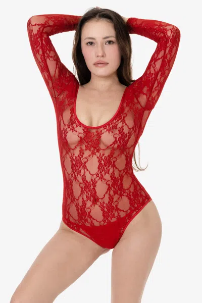 Los Angeles Apparel Fns328 - Floral Lace Long Sleeve Scoopneck Bodysuit In Multi