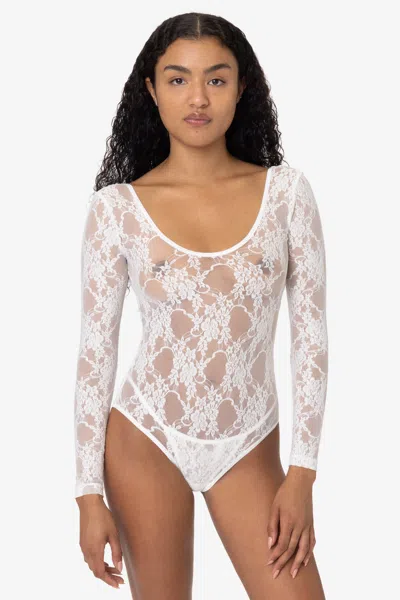 Los Angeles Apparel Fns328 - Floral Lace Long Sleeve Scoopneck Bodysuit In White