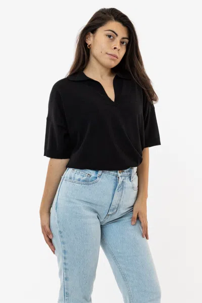 Los Angeles Apparel Rfk371 - Viscose Nylon Oversized Knit Polo In Black