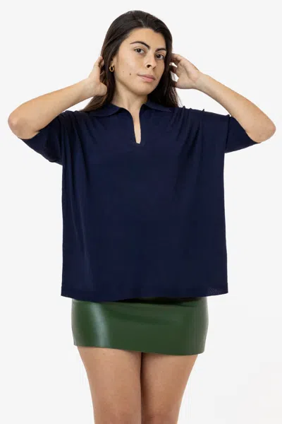 Los Angeles Apparel Rfk371 - Viscose Nylon Oversized Knit Polo In Blue