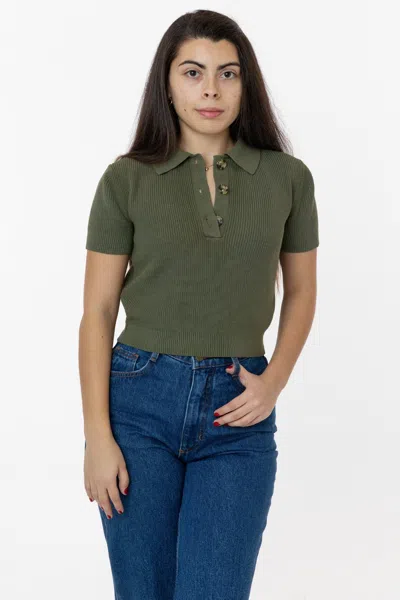 Los Angeles Apparel Rfk46gd - Cotton Short Sleeve Cropped Polo Sweater In Green