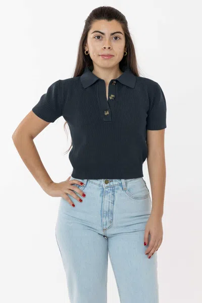 Los Angeles Apparel Rfk46gd - Cotton Short Sleeve Cropped Polo Sweater In Blue
