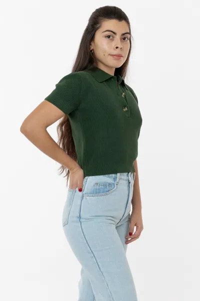 Los Angeles Apparel Rfk46gd - Cotton Short Sleeve Cropped Polo Sweater In Green
