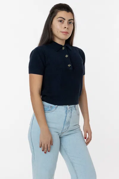 Los Angeles Apparel Rfk46gd - Cotton Short Sleeve Cropped Polo Sweater In Blue
