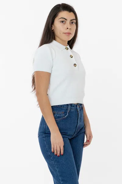 Los Angeles Apparel Rfk46gd - Cotton Short Sleeve Cropped Polo Sweater In White