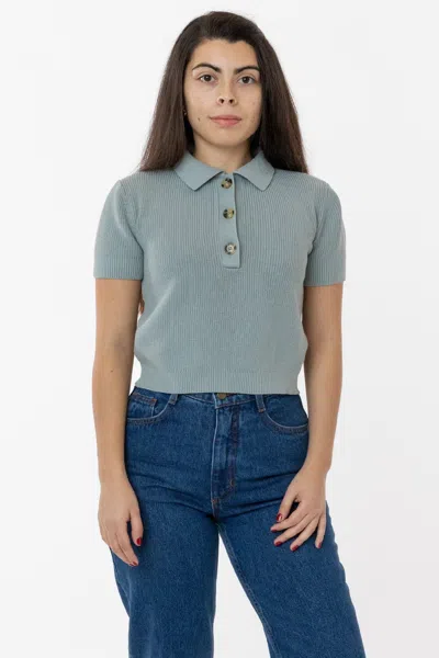 Los Angeles Apparel Rfk46gd - Cotton Short Sleeve Cropped Polo Sweater In Blue
