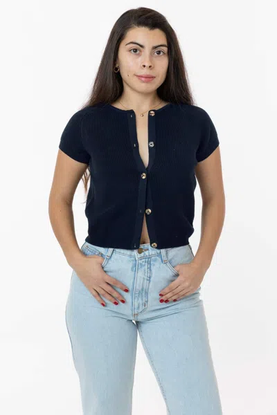 Los Angeles Apparel Rfk47gd - Cotton Raglan Short Sleeve Cropped Sweater In Blue
