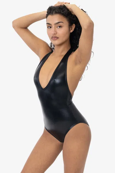 Los Angeles Apparel Rla312 - Lamé Halter Bodysuit In Shiny Black