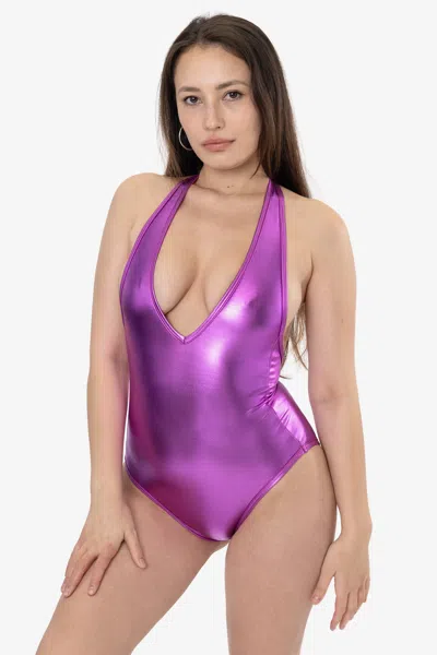 Los Angeles Apparel Rla312 - Lamé Halter Bodysuit In Shiny Pink