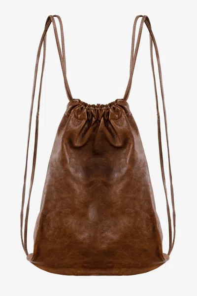 Los Angeles Apparel Rlh3414 - Unisex Leather Drawstring Backpack In Distressed Chestnut