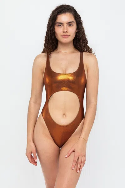 Los Angeles Apparel Rmh106 - Shiny Matrix Cutout Bathing Suit In Brown