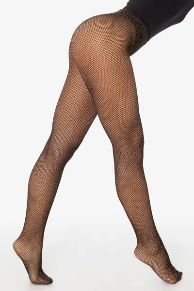 Los Angeles Apparel Rn-phfnl - Lurex Fishnet Tights In Black/gold