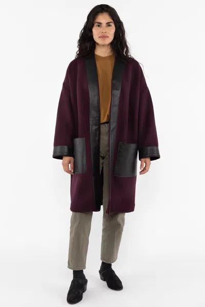 Los Angeles Apparel Rwl100 - Wool Coat With Leather Trim In Dark Violet/black